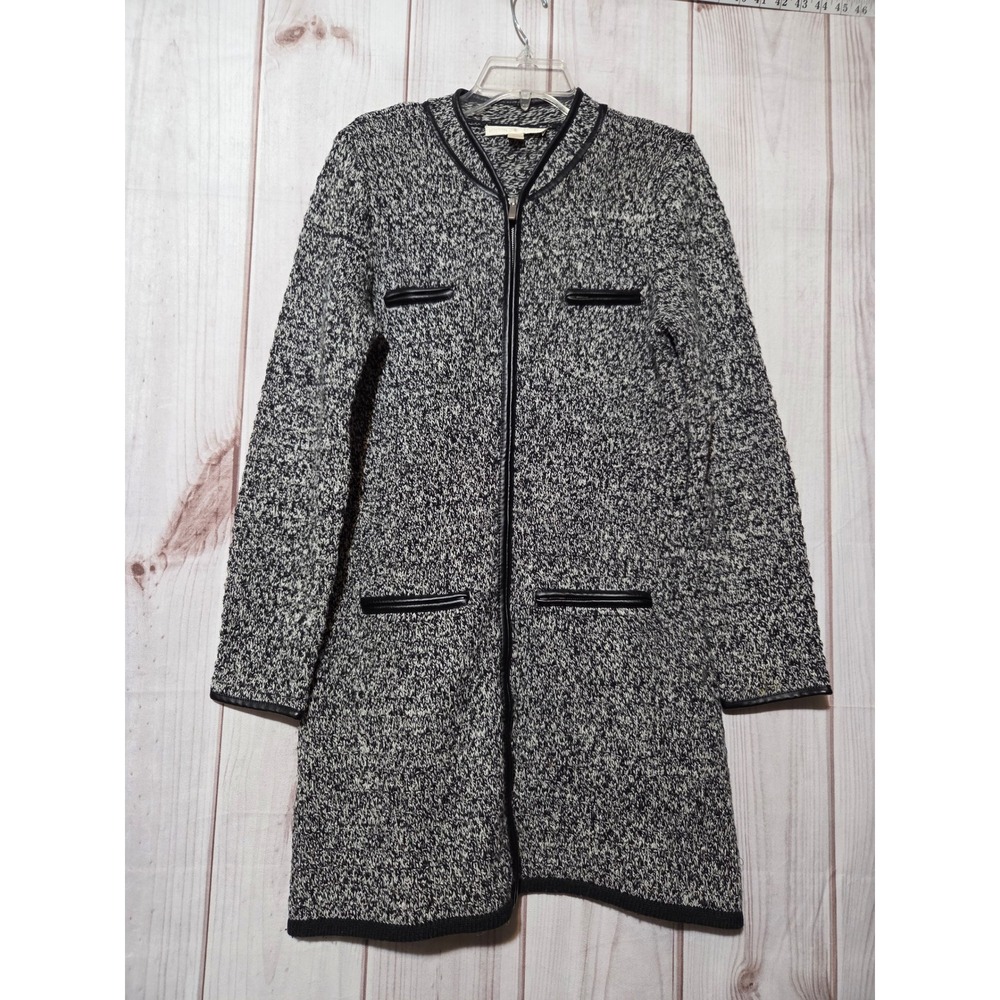 Boston Proper Womens Black White Zip Front Wool‎ Cardigan Faux Leather Trim M